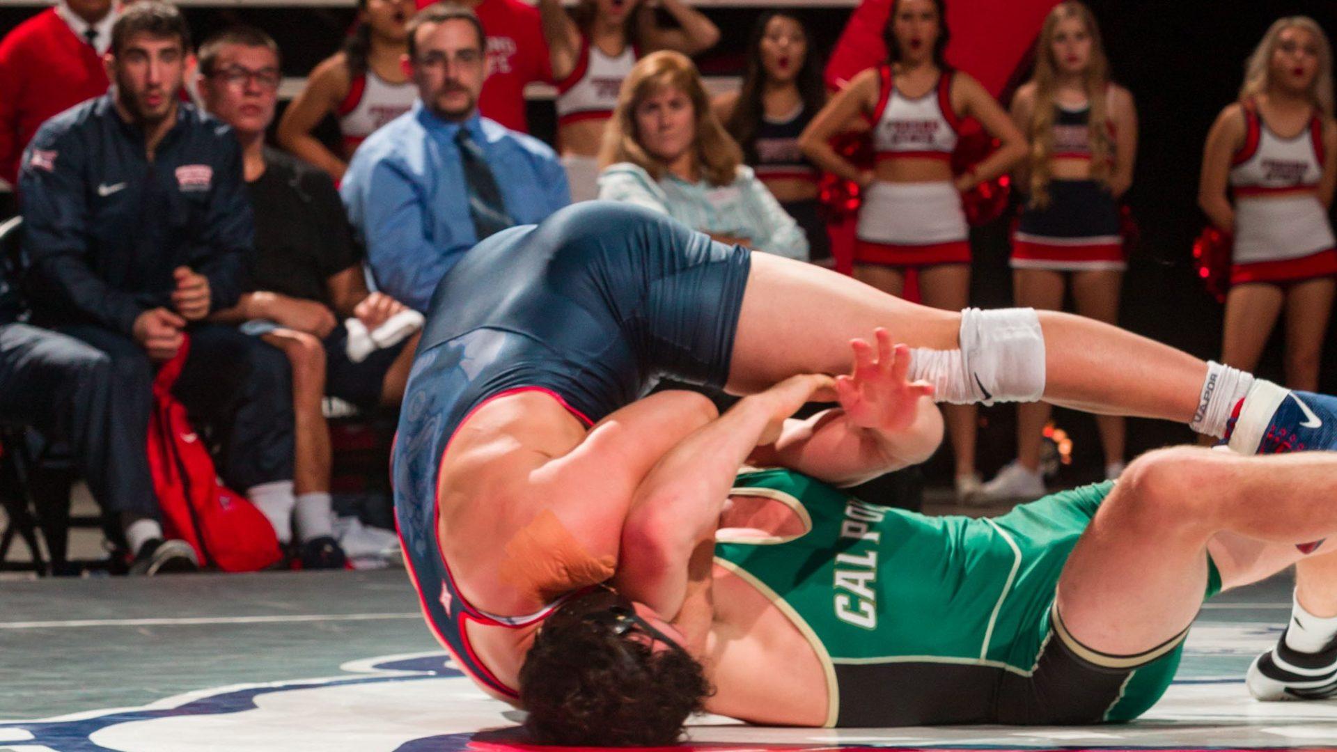 Sophomore Josh Hokit made Fresno State wrestling debut on Dec. 4, 2017 against Cal Poly at the Save Mart Center. The Dogs defeated Cal Poly 29-13. (Fresno State Athletics)