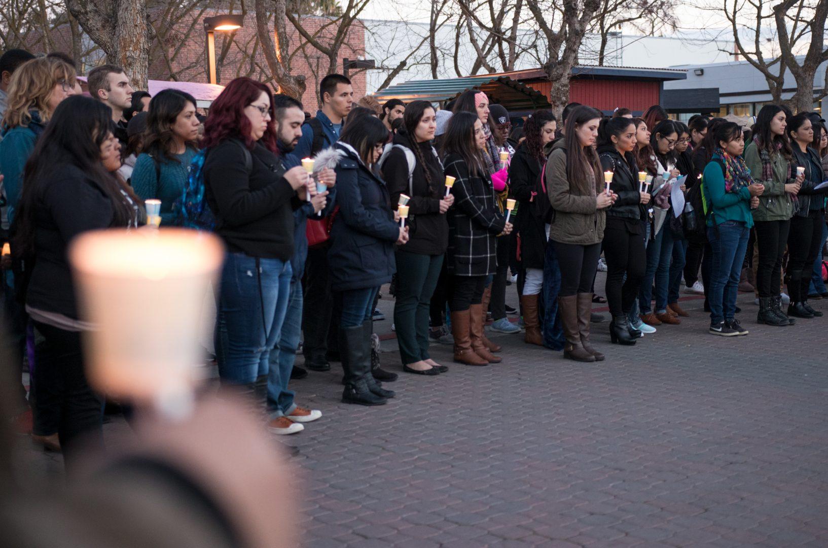 Students gather at the Free Speech Area on campus for the candlelight vigil of student Ana Alcantar on Jan. 25, 2018 (Alejandro Soto/The Collegian)