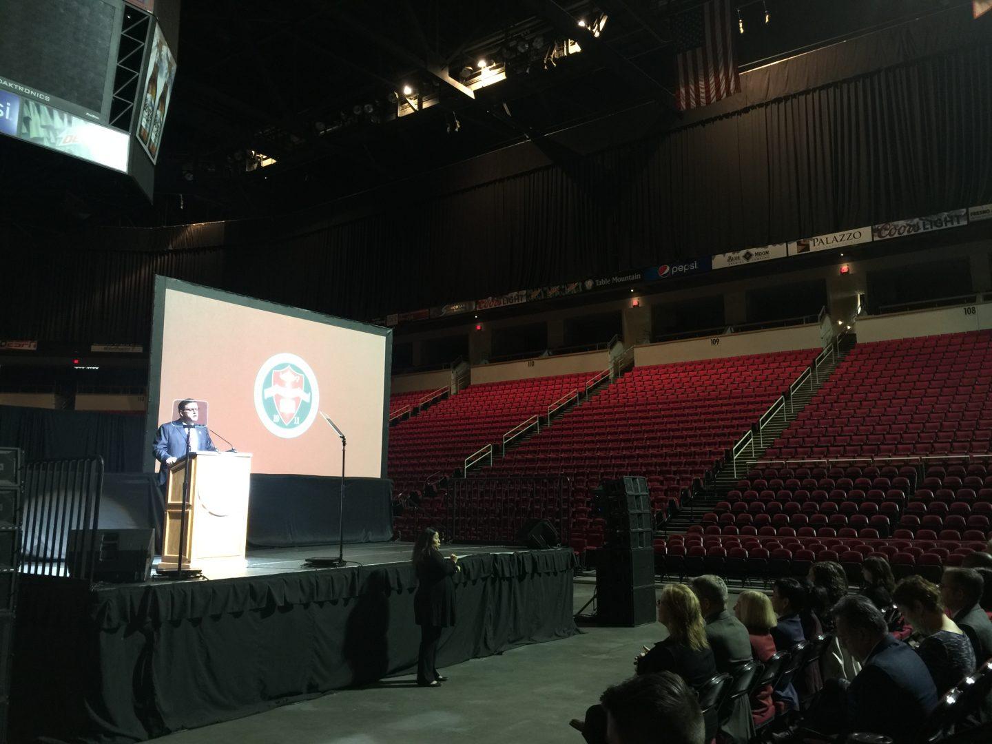 Fresno State President Dr. Joseph Castro gives his speech at the Spring 2018 Faculty and Staff Assembly at the Savemart Center on Jan.
 11, 2018. (Razmik CaÃ±as/The Collegian)