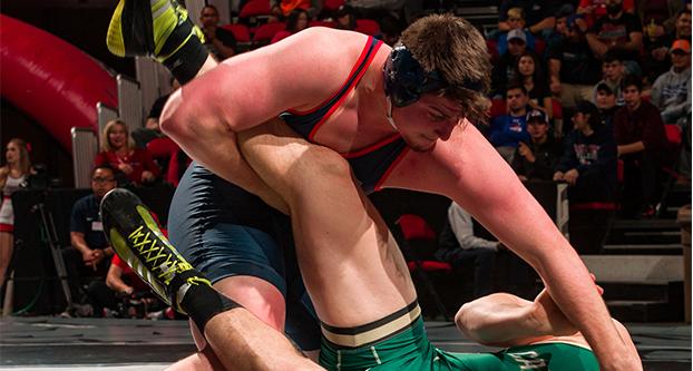 Freshman AJ Nevills secured the 29-13 win for the ‘Dogs on Jan. 4, 2018 at the Save Mart Center with a fall over Cal Poly’s Ryan Anderson. (Fresno State Athletics)  
