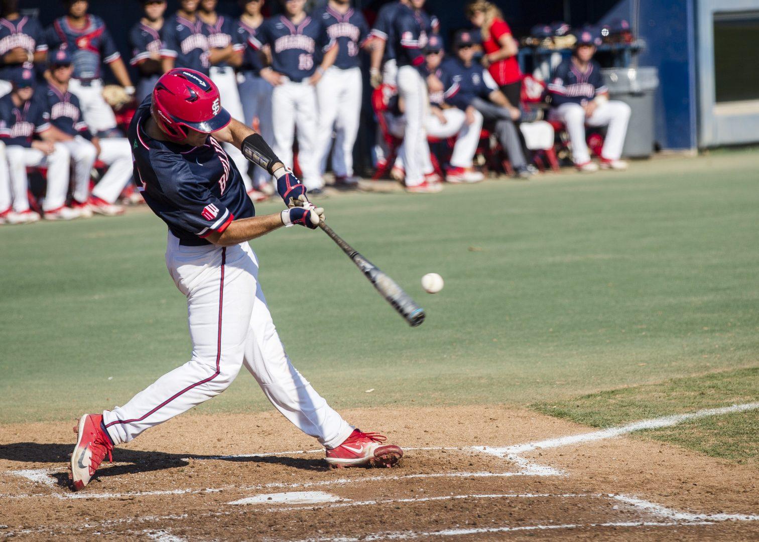 Freshman Zach Presno gets a hit against Michigan State on Feb. 17, 2018 at the Pete Beiden Field. The ‘Dogs won 9-4. (Ramuel Reyes/The Collegian)