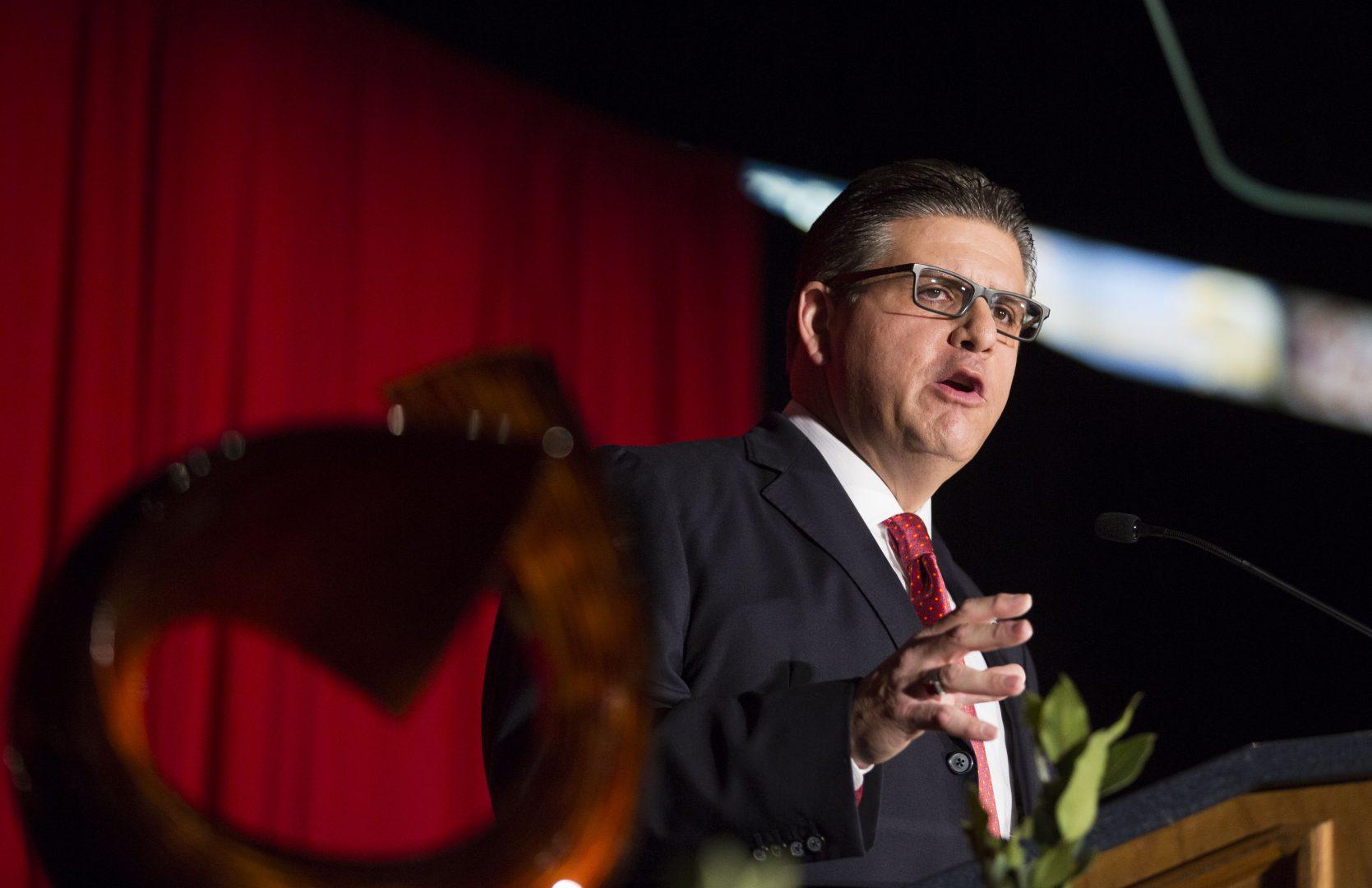 Fresno State President Joseph Castro delivers his speech highlighting the different achievements of Fresno State in the past year during the State of the University on Feb. 8, 2018. (Ram Reyes/The Collegian)