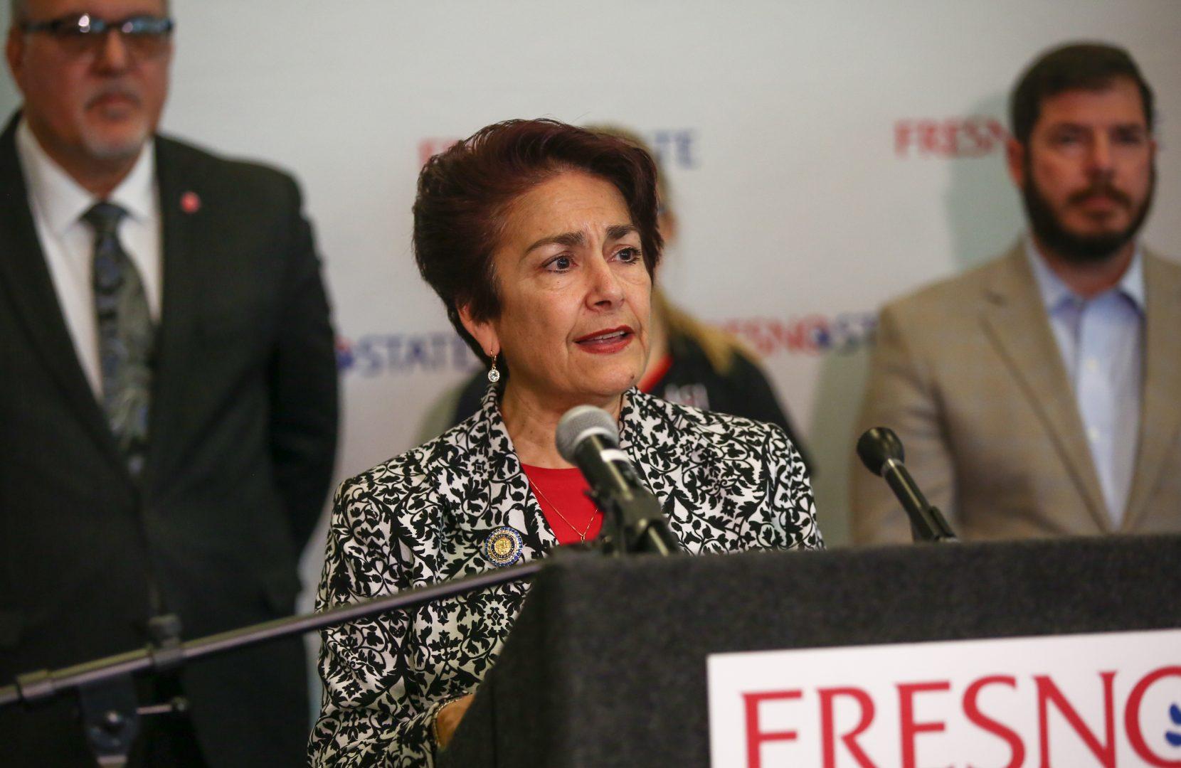 Assemblywoman Anna Caballero spoke at a news conference at Fresno State last week to introduce Assembly Bill 2784, which aims to combat homelessness among college students.
(Alex Soto/The Collegian)