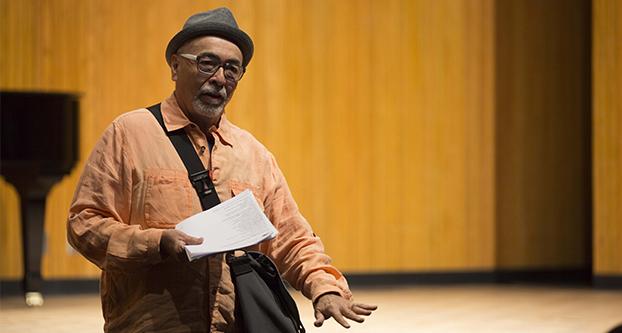 Juan Felipe Herrera, former United States Poet Laureate, hosts a poetry workshop during the 2018 Art Song Festival at the Wahlberg Recital Hall. (Benjamin Cruz/The Collegian)