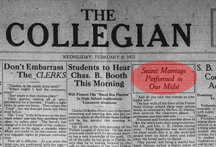 A print copy of The Collegian featured a story about a secret marriage on the campus of then-Fresno State College. (Henry Madden Library Digital Archive)