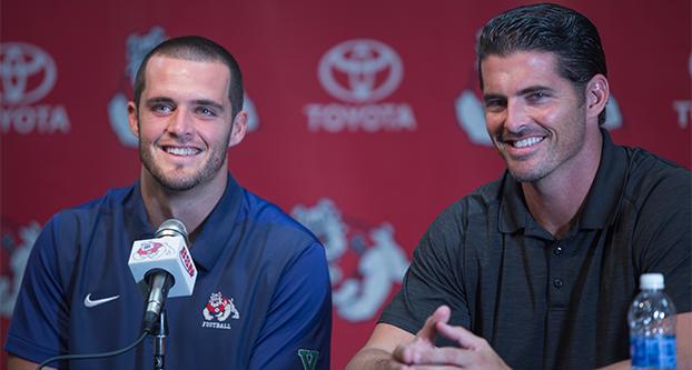 Derek and David Carr speak at a press conference on Sept. 2, 2017 at the Josephine Theater in Fresno. Fresno State retired Derek’s No. 4 jersey that night. (Collegian File Photo) 