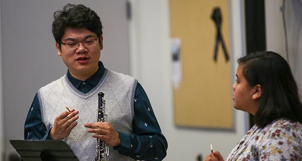 Mingjia Liu, principal oboist of the San Francisco Opera, teaches technique and imagery during his workshop at the 21st Annual Double Reed Day hosted by Fresno State’s Department of Music on Feb. 3, 2018. (Alejandro Soto/The Collegian)
