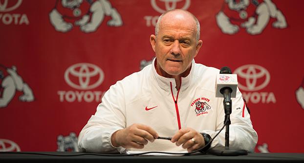 Head football coach Jeff Tedford speaks at the National Signing Day Press Conference on Feb. 7, 2018 inside Josephine Theater. (Benjamin Cruz / The Collegian)