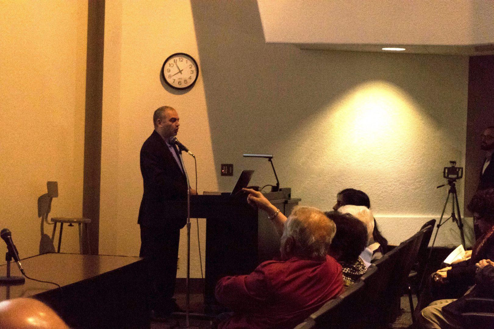 Dr. Hayk Demoyan, a U.S. Fulbright scholar came to Fresno State’s University Business Center to give a lecture entitled, “Multiple Identities and Memories of the Armenian World,” Monday night. (Alyssa Honore/The Collegian)