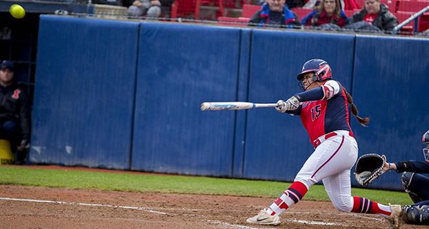Fresno State right fielder Hayleigh Galvan hits the ball during a home game against Illinois on March 16, 2018. (From The Collegian archive) 