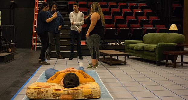 Actors of the Fresno State theater department rehearse a crucial scene for the upcoming play “Lydia,” written by Octavio Solis and directed by Gina SandÃ­-DÃ­az. (Aly Honore/The Collegian)
