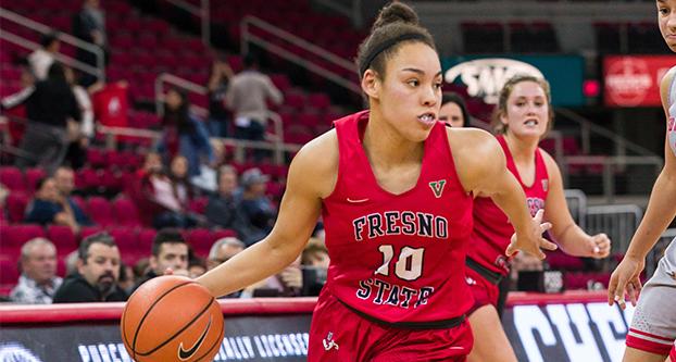 Junior Candice White logs her fourth double-double as she surpasses 1,000 career points in the 93-89 loss against the New Mexico Lobos at the Save Mart Center on March 9, 2018. (Fresno State Athletics) 

