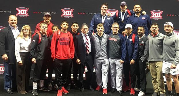 The Fresno State wrestling team finished its first-ever Big-12 Championships at Tulsa, Oklahoma this weekend. AJ Nevills and Josh Hokit placed second and fifth, respectively. Nevills is the only ‘Dog to move on the NCAA Championships in Cleveland, Ohio. (Fresno State Athletics) 