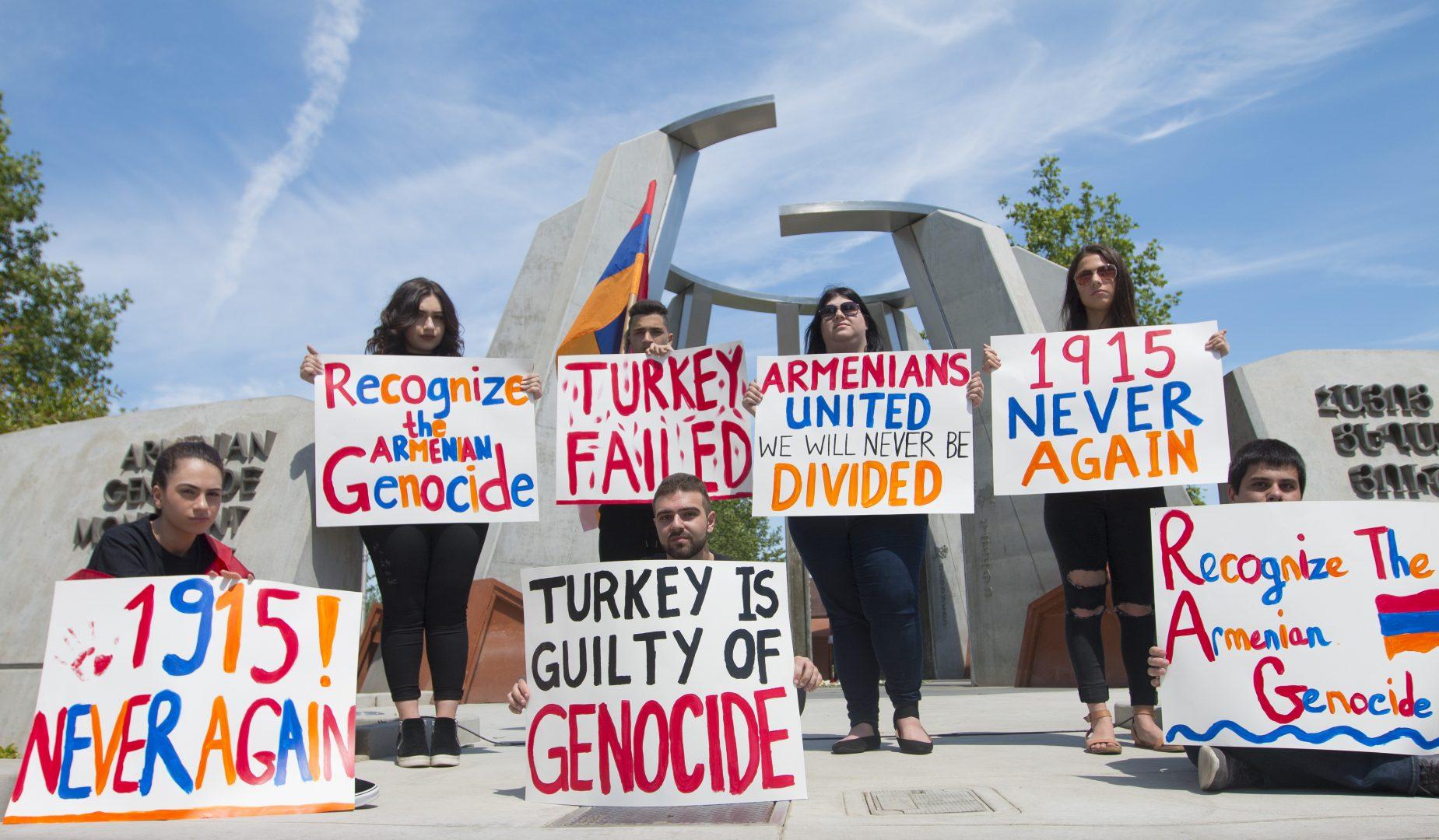 The Armenian Student Organization holds a silent protest at Armenian Genocide Monument during the Commemoration of the Armenian Genocide on April 24, 2018.