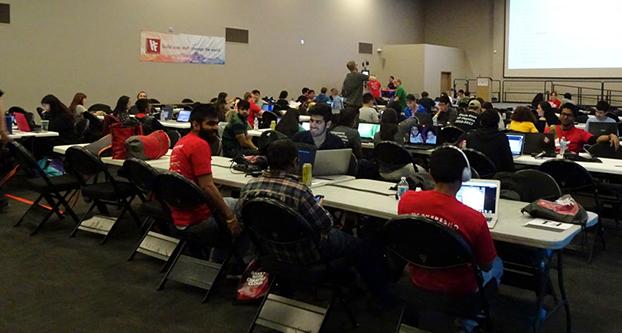 Students and staff get ready to start the Hack Fresno Hackathon, a 36-hour long event held at Fresno State North Gym room 118 on April, 27 2018. 
(Jorge Rodriguez/The Collegian)