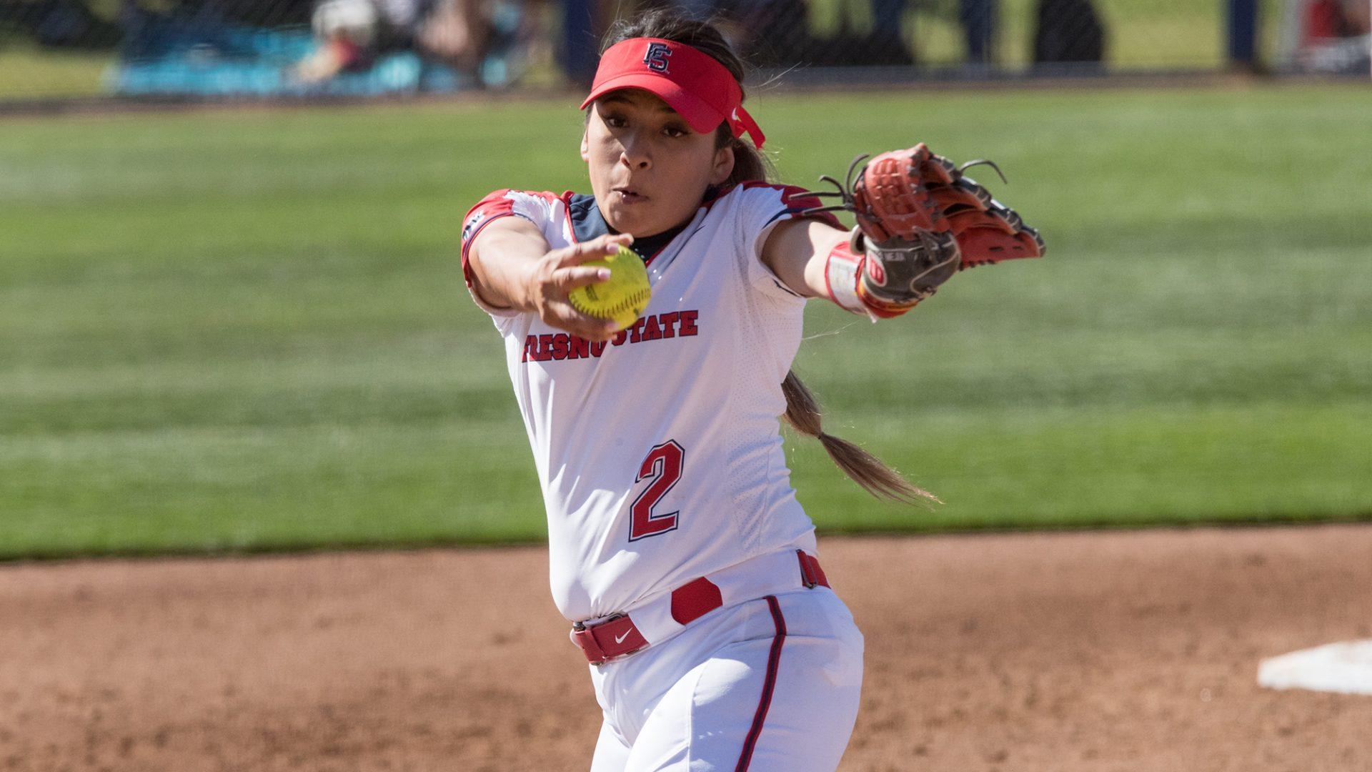 Sophomore Samantha Mejia pitched all seven innings and only allowed seven hits and one run in Game 2 against the San Diego State Aztecs on April 21, 2018 at Margie Wright Diamond. The ‘Dogs won the series 2-1.  (Fresno State Athletics) 