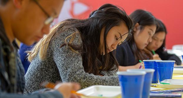 Students created art at the Bulldog Zone Wednesday April 18, 2018 for Pause and Paint. The event was hosted by the Student Health and Counseling Center to promote mental health and self care. (Benjamin Cruz/The Collegian)