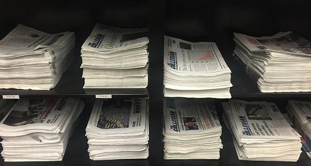 Previous issues of the Collegian Newspaper stored in the newsroom. (Razmik CaÃ±as/The Collegian)