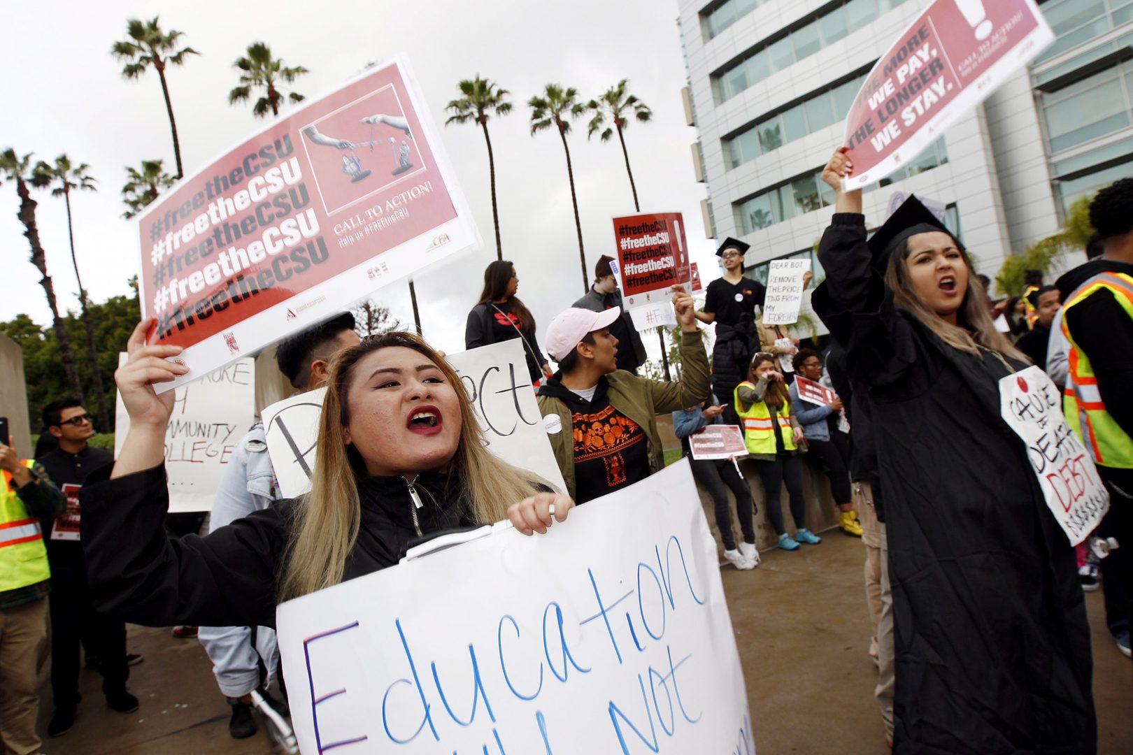 Students from across the systems 23 campuses protest outside the Cal State trustees board meeeting Wednesday, March 22, 2017 in Long Beach, Calif. (Iran Khan/Los Angeles Times/TNS)