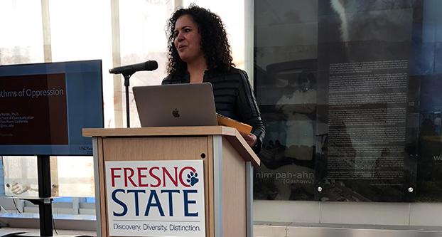 Fresno State alumna Safiya Umoja Noble visited campus on April 20, 2018 to talk about how Google algorithms can be racially biased. (Bineet Kaur/The Collegian)