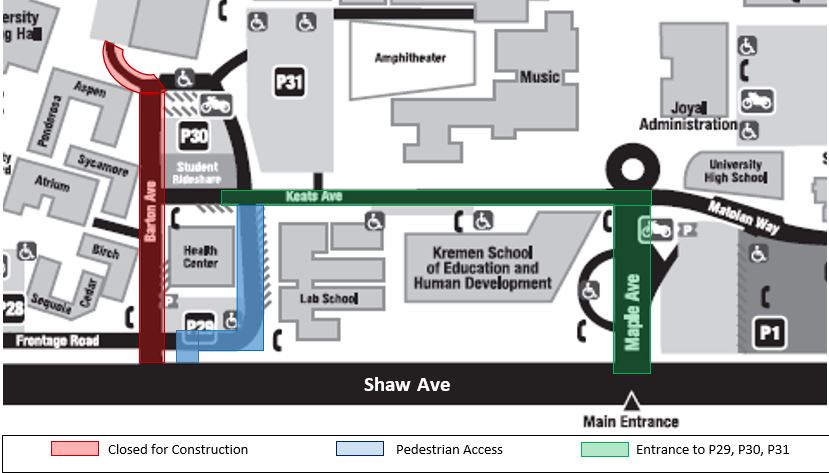 Scheduled construction along Barton Avenue is shaded in red. (Fresno State)