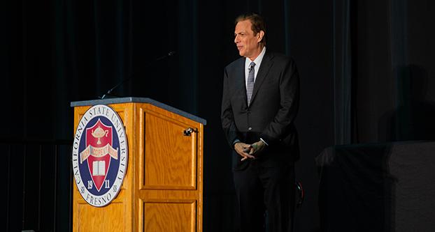 Historian and bestselling author Michael Beschloss presents his lecture titled, Leadership in American Politics to a crowd at the Save Mart center on April 30, 2018. The lecture was part of the presidents lecture series at Fresno State. (Bejanmin Cruz/The Collegian)