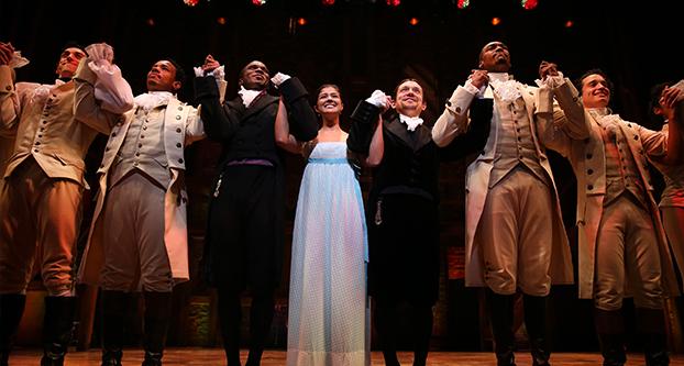 The cast of “Hamilton” takes a bow during a curtain call as the production makes its Chicago premiere on Oct. 19, 2016, at PrivateBank Theatre in Chicago. (Chris Sweda/Chicago Tribune/Tribune News Service)
