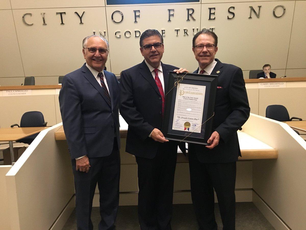 Fresno City Council District 4 Councilmember Paul Caprioglio presented Fresno State President Dr. Joseph Castro with a proclamation naming him the districts first Man of the Year. (Image: City of Fresno)