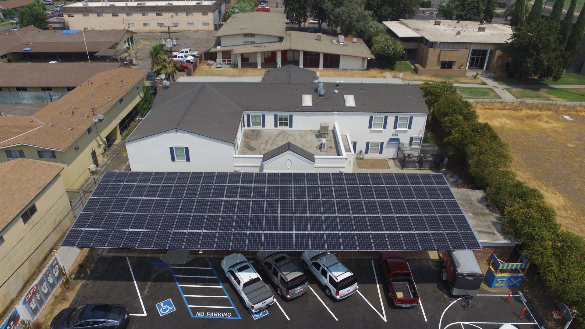 An aerial view of a solar panel system installed at the Fresno State Sigma Chi fraternity home. Trenton Kammerer/Contributed