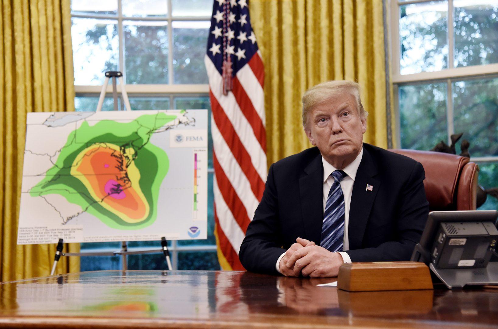 U.S. President Donald Trump speaks during a briefing on the looming threat of Hurricane Florence with the Secretary of the Department of Homeland Security and the Administrator of the Federal Emergency Management Agency in the Oval Office of the White House, Sept. 11, 2018 in Washington, D.C. (Olivier Douliery/Abaca Press/TNS)