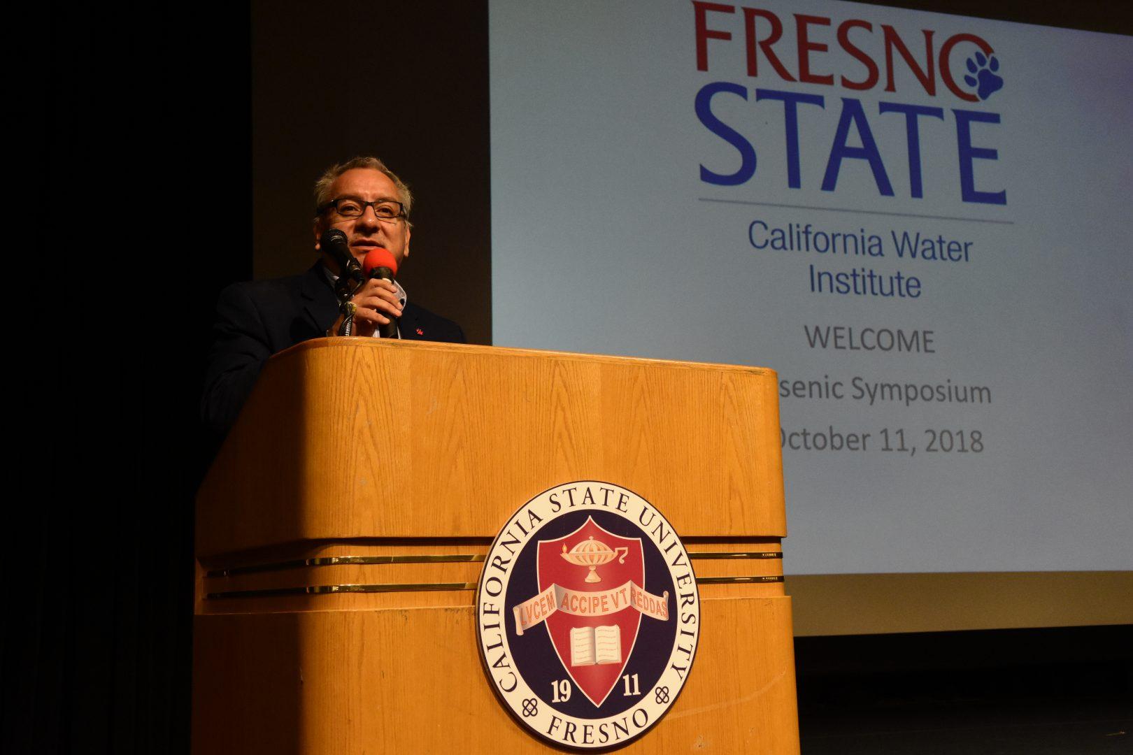 Thomas Esqueda, associate vice president of water and susainability at Fresno State and executive director of the California Water Institute discusses groundwater contamination and overpumping at the Arsenic Symposium at Fresno State on Oct. 11. (Courtesy of Jordan College of Ag Sciences and Technology)