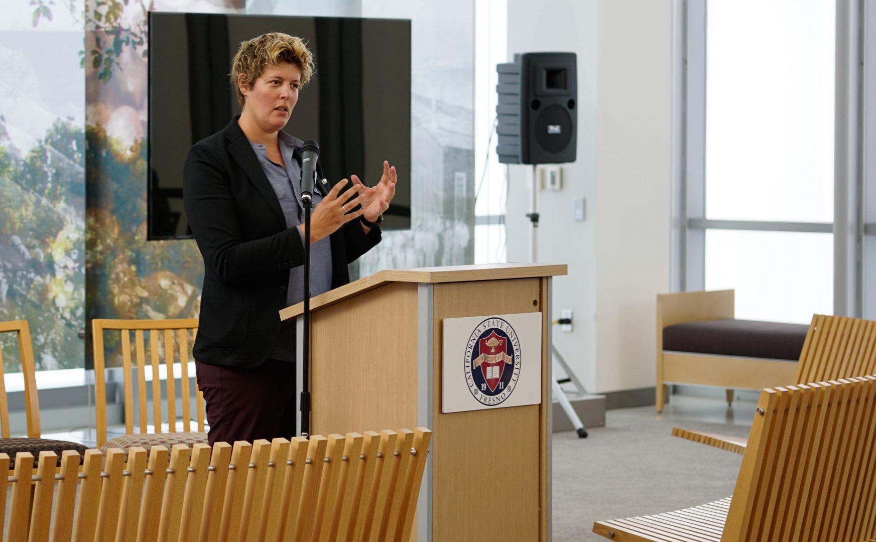 Sally Kohn, author of The Opposite of Hate and host of the State of Resistance podcast, held a forum on inclusion, respect, and equity at Fresno State on October 4, 2018. (Jose Romo/The Collegian)

