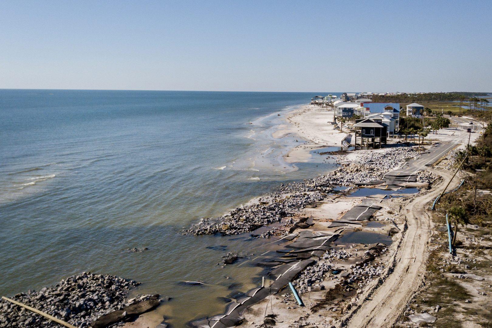 A broken road leads into Cape San Blas on Saturday, Oct. 13, 2018. The town was damaged by Hurricane Michael when it made landfall on Oct. 10. (Bronte Wittpenn/Tribune News Service)