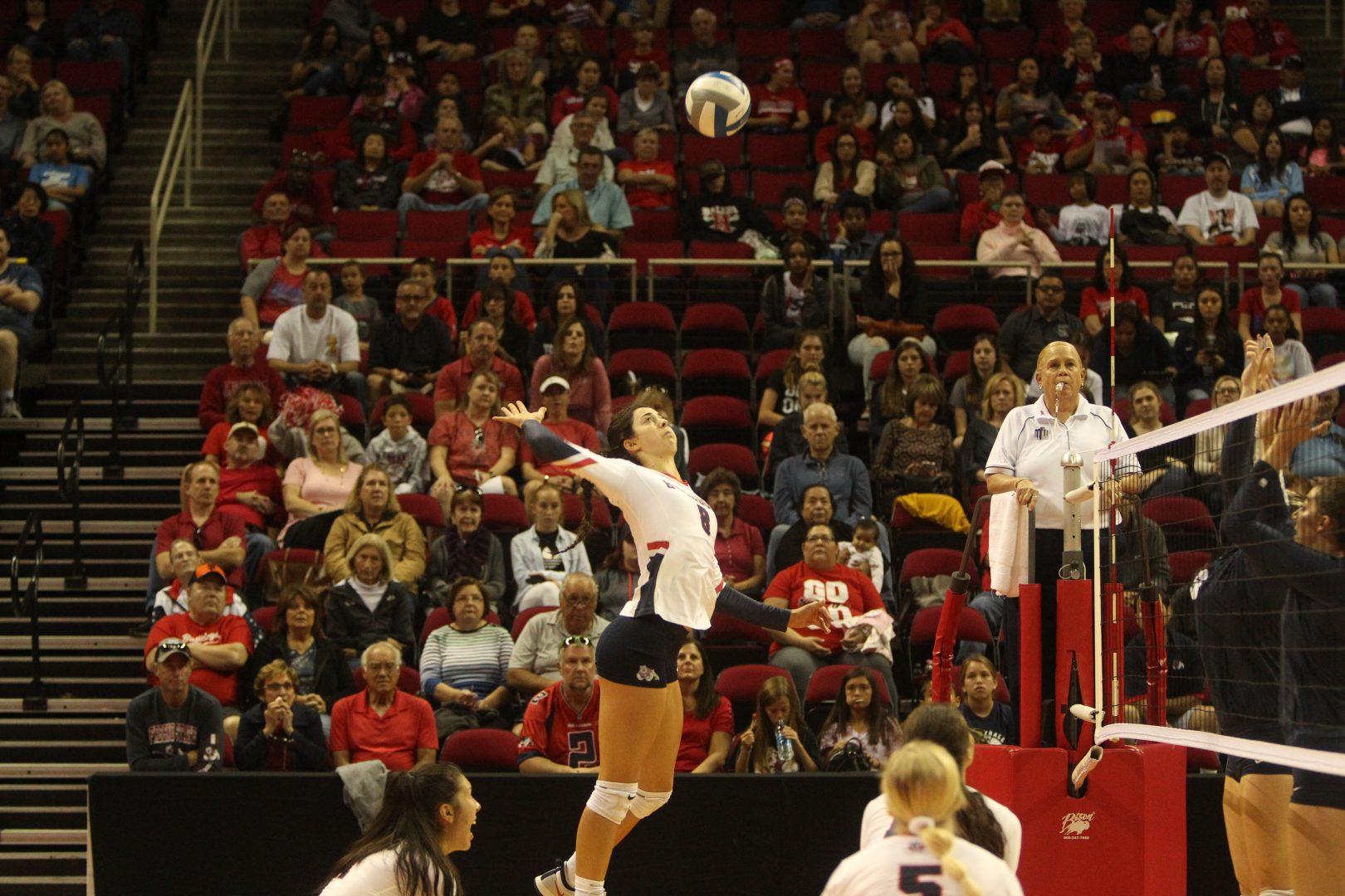 Bulldogs senior Taylor Slover leaps for the ball during a match at home against Utah State on Nov. 3. (Courtesy Fresno State Athletics)