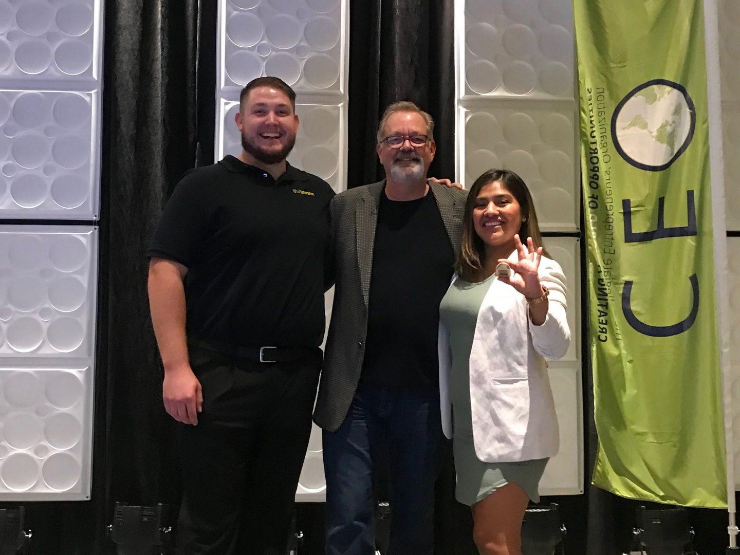 Dr. Timothy Stearns (center) stands with Entrepreneur Mentor Program students Tyler Puccio (left) and Rafalea Santillan (right), who won first and third place respectively, at the Collegiate Entrepreneurs’ Organization Global Conference and Pitch Competition in Kansas City, Missouri on Nov. 2 and 3.