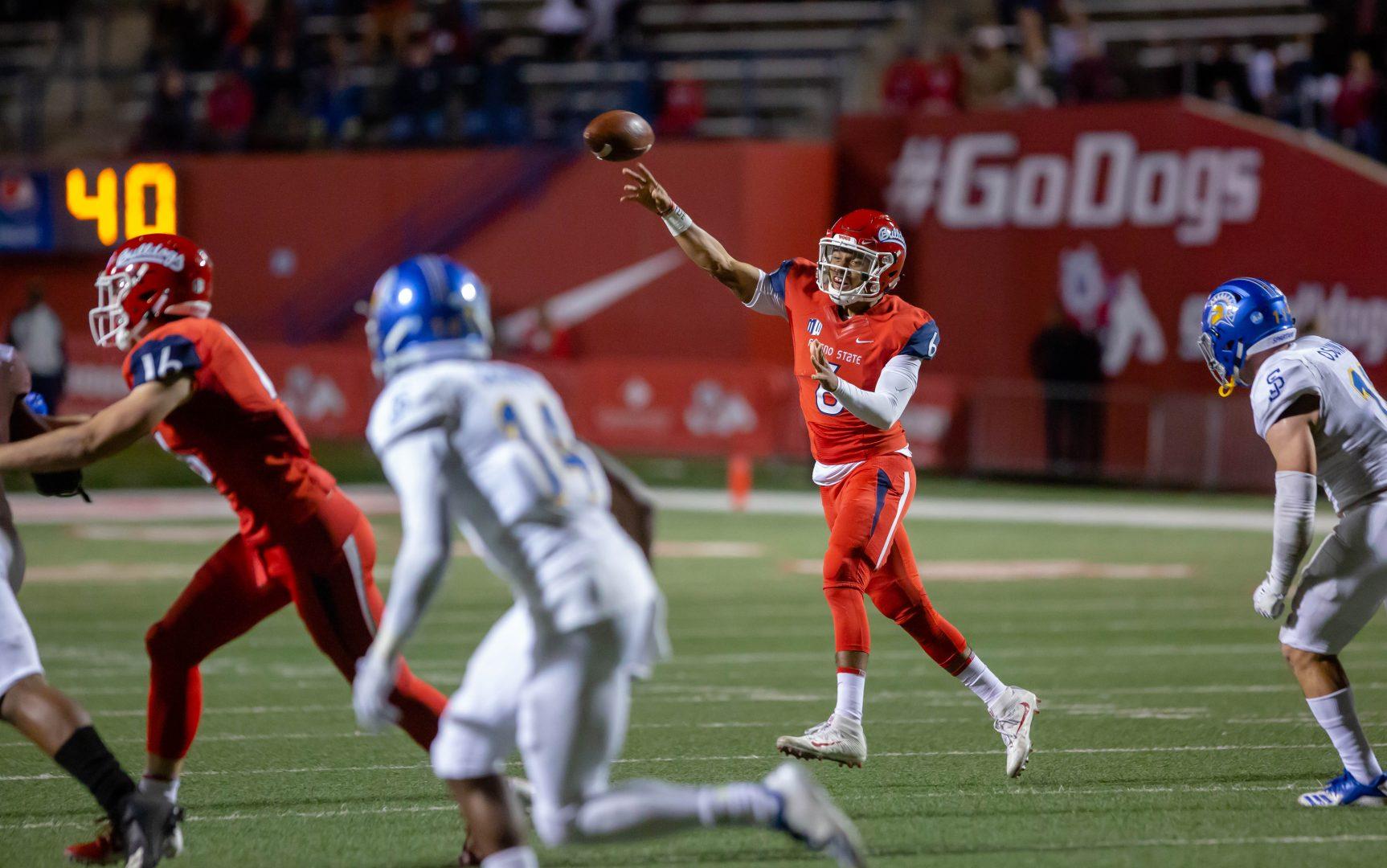 Fresno State senior quarterback Marcus McMaryion throws for his second touchdown pass of the game in the Bulldogs’ victory over San Jose State on Nov. 24, 2018. (Jose Romo/ The Collegian)