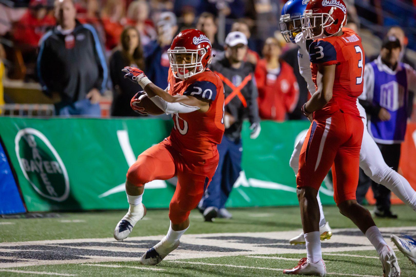Fresno State running back Ronnie Rivers celebrates his touchdown run during the Bulldogs’ 23-14 victory over San Diego State on Nov. 17, 2018. The Dogs look to exact revenge against Boise State in a rematch of last years Mountain West title game (Jose Romo/The Collegian)

