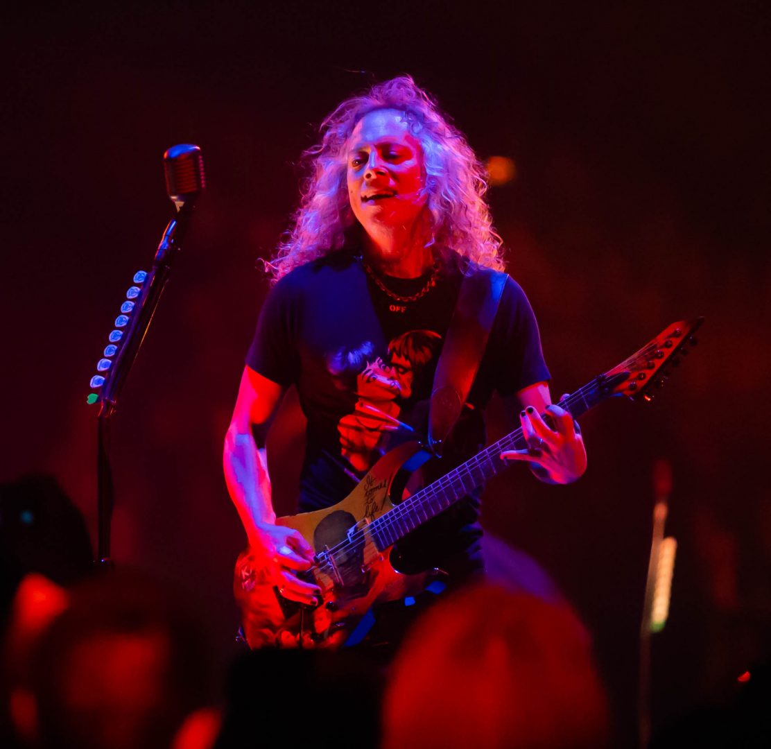 Metallicas lead guitarist Kirk Hammett shredding his guitar at the Save Mart Center on Dec. 9. (Jose Romo/The Collegian)