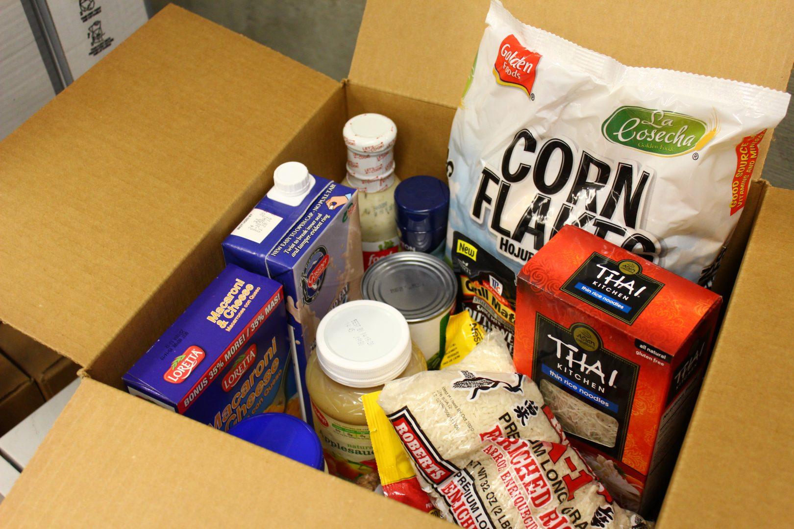 The student cupboards winter closure meal boxes contain enough food and recipes to last about five days, thanks in part to a $5,000 grant from Kaiser Permanente Fresno. (Paige Gibbs/The Collegian)