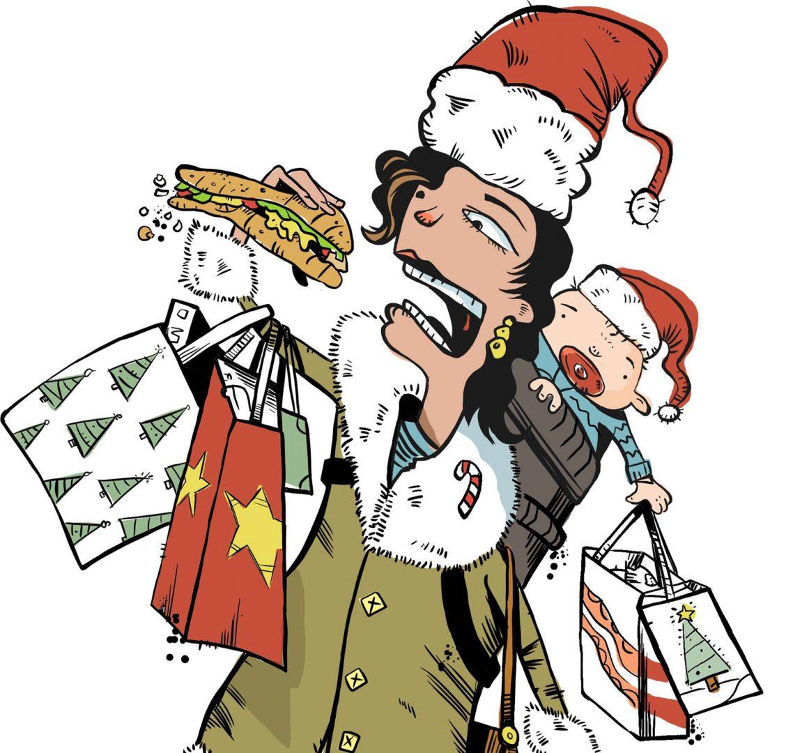 Color illustration of woman struggling to eat a sandwich while balancing holiday shopping bags and baby. (Tim Lee/TNS)