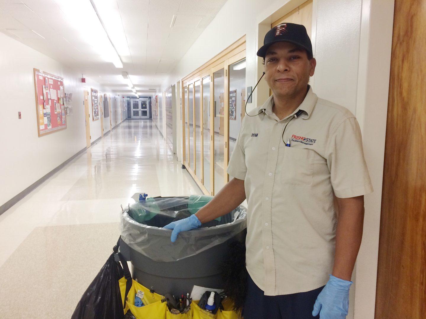 Ryan Young is a custodian at Fresno State who works the swing shift, from 5 p.m. to 1:30 a.m., Monday through Friday. (Paige Gibbs/The Collegian)