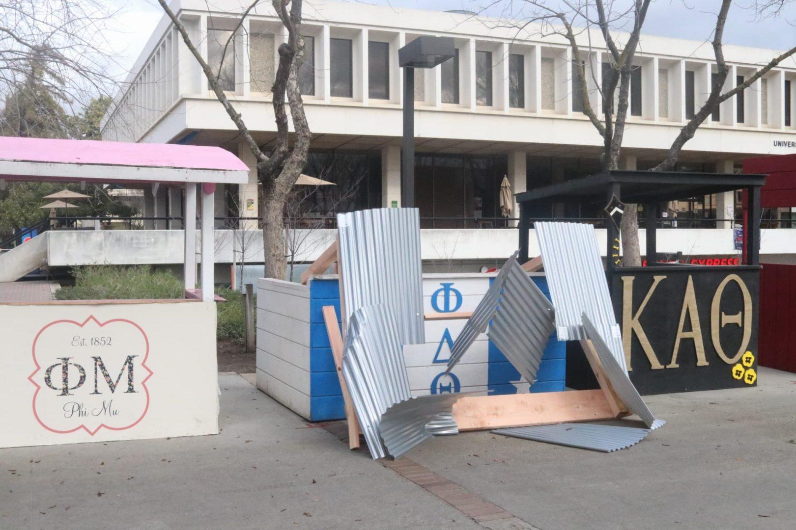 A thunderstorm struck the Fresno and Clovis area causing damage to two student organization booths on Sunday night. (Larry Valenzuela/ The Collegian)