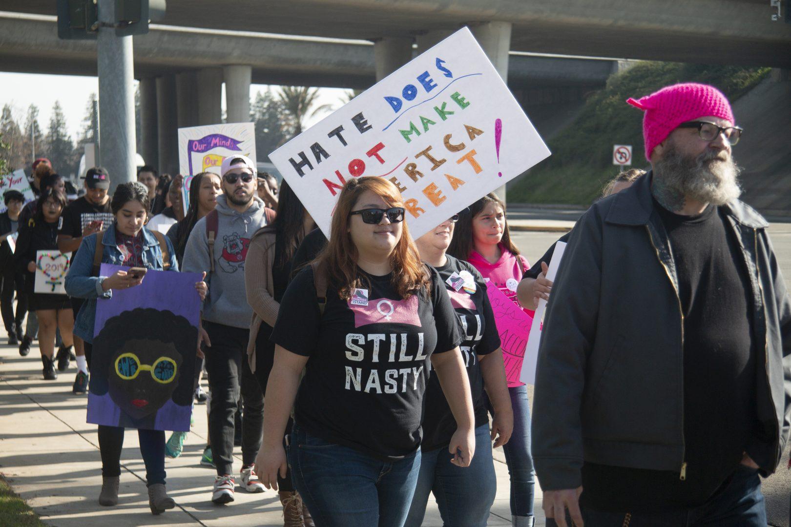 Local supporters from Fresno gather together for the third annual Womens March on Jan. 19, 2019 in the River Park area. (Jorge Rodriguez/The Collegian)