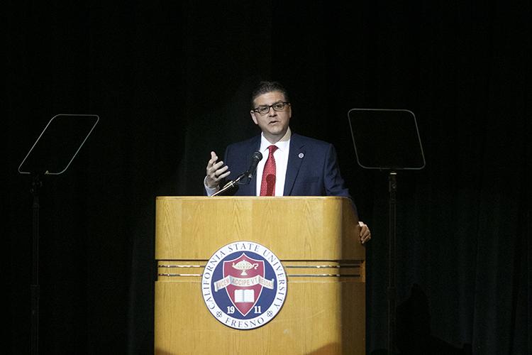 Fresno State President Dr. Joseph I. Castro welcomes staff and faculty back during the annual spring assembly at the Satellite Student Union on Wednesday, Jan. 16, 2019. (Larry Valenzuela/ The Collegian)