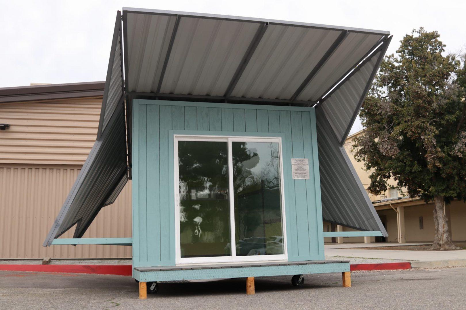 A shelter constructed by Fresno State engineering and interior design students in collaboration with local construction firms. The shelter will be donated to the Poverello House charity foundation. (Larry Valenzuela/ The Collegian)