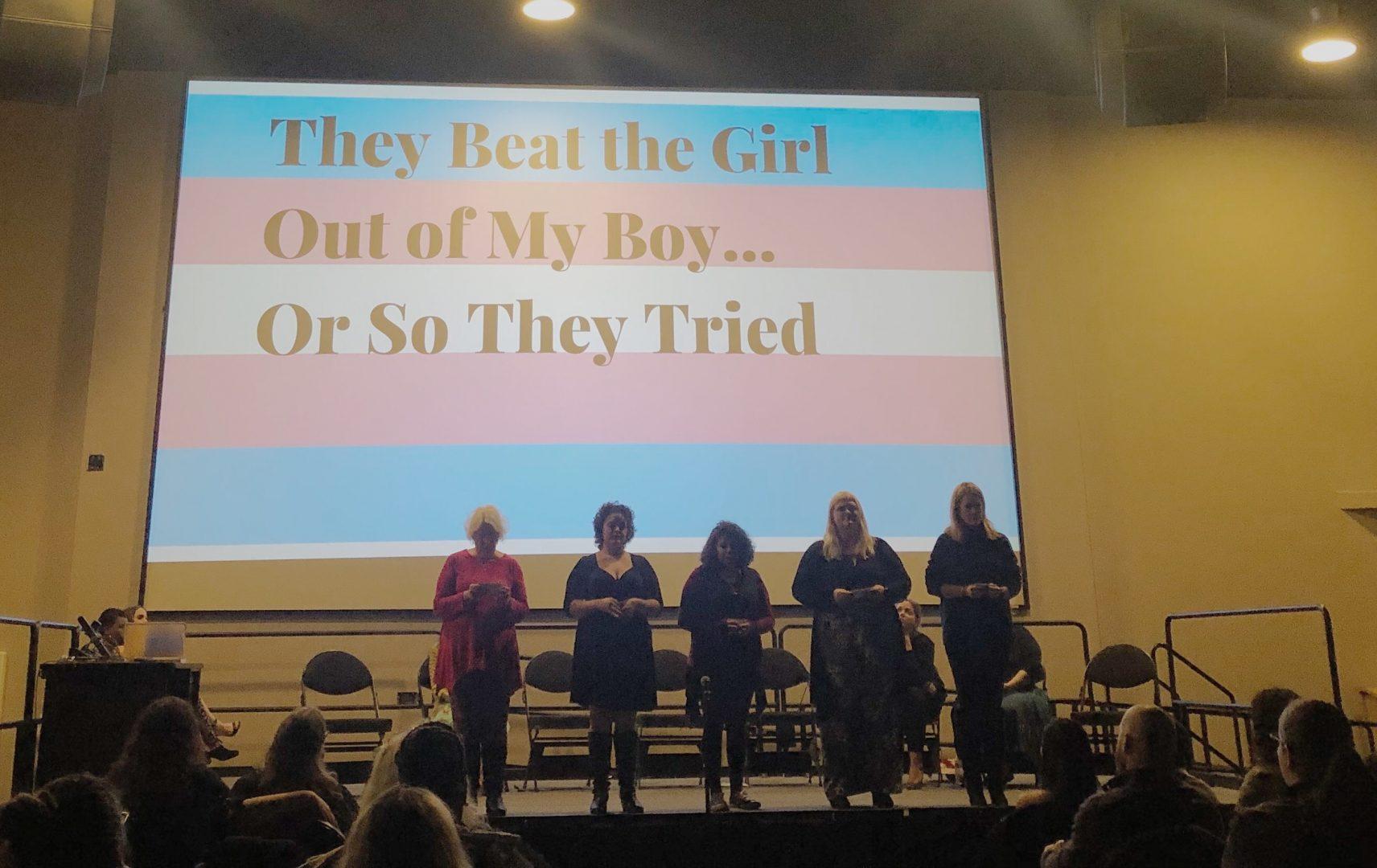 (Left to right) Kathie Mollica, Jessica Johnson, Heather Roberts-Shorts, Melanie Ramsey, and Celestial Bracamonte performing “They Beat the Girl Out of my Boy.”
