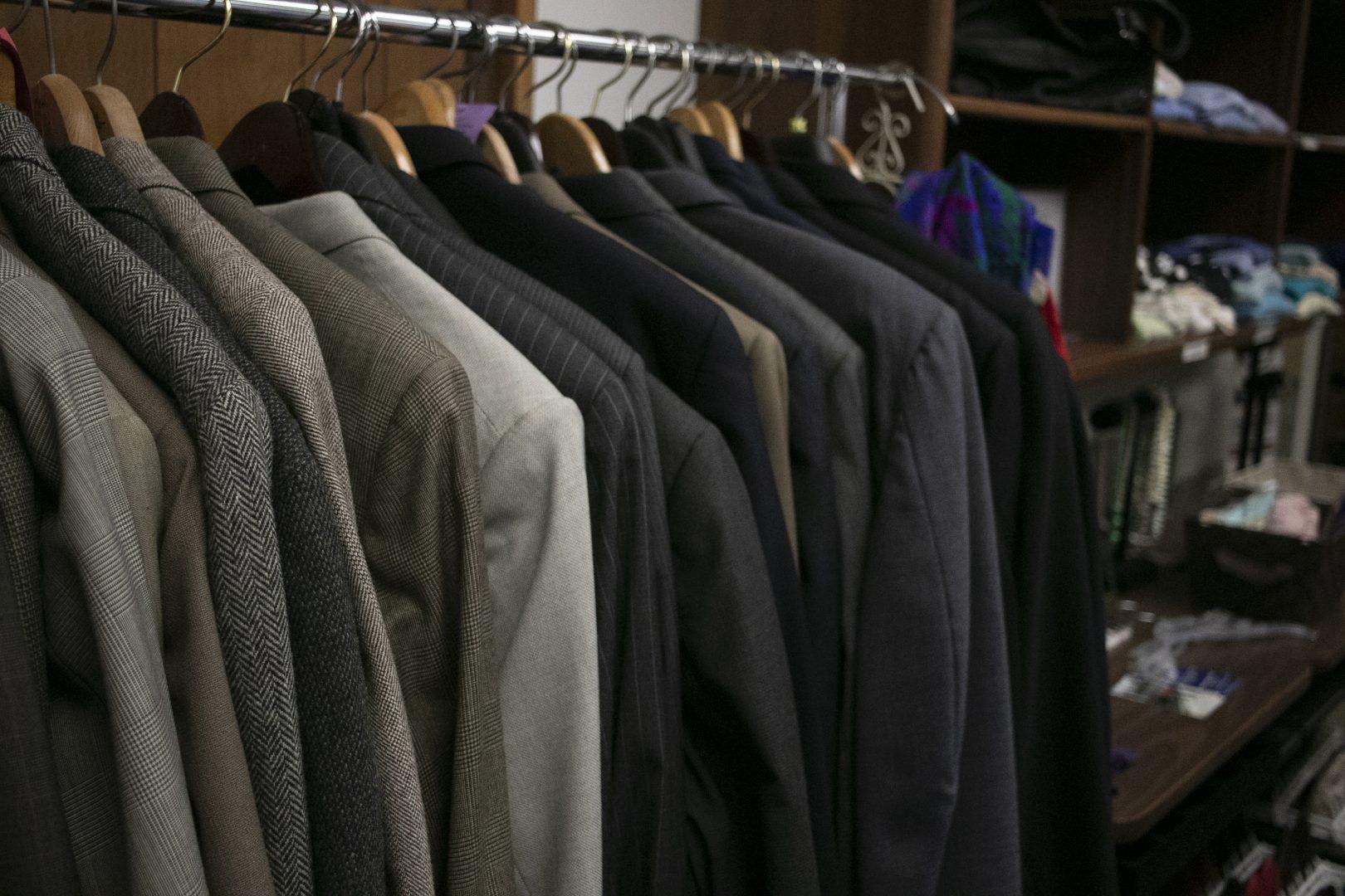 A+rack+of+coats+displayed+at+the+Clothing+Closet.+The+Clothing+Closet%2C+located+in+the+Frank+W.+Thomas+Building%2C+provides+students+with+free+professional+attire.+%28Larry+Valenzuela%2F+The+Collegian%29