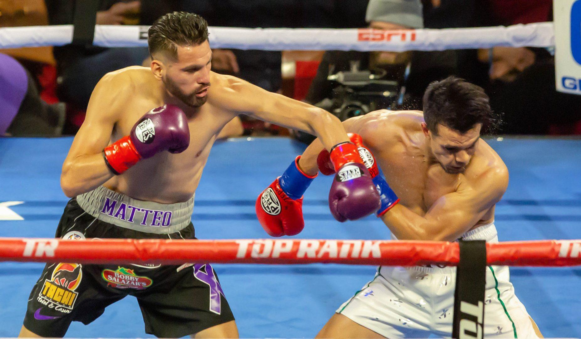 JosÃ© RamÃ­rez, left, connects with a left hook during his WBC super lightweight title
defense against JosÃ© Zepeda at the Save Mart Center on Sunday, Feb. 10, 2019. (Jose Romo
Jr./The Collegian).
