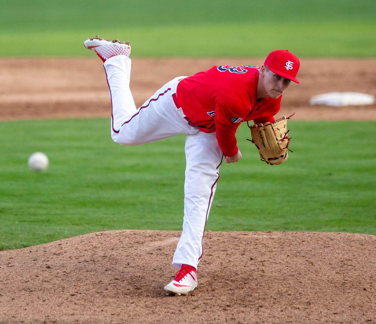  Fresno State’s Kyle Pruhsmeier throws a pitch during the Fresno State alumni game at Peter Beiden Field on Saturday Feb. 9, 2019. (Jose Romo Jr./The Collegian).