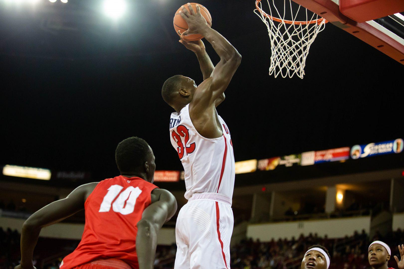 Fresno State forward Nate Grimes goes up for a shot during the Bulldogs’ home win
over New Mexico at the Save Mart Center on Feb. 2, 2019. (Jose Romo Jr./The Collegian).